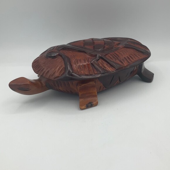 Vintage Hand CArved Wooden Turtle Lidded Box Burro Donkey on Removable Lid Large - Picture 2 of 11